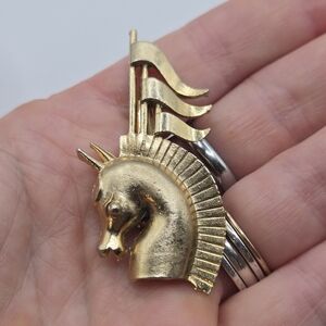 Gold Horse Unicorn Fantasy Knight Brooch Pin Equestrian Medieval Vintage